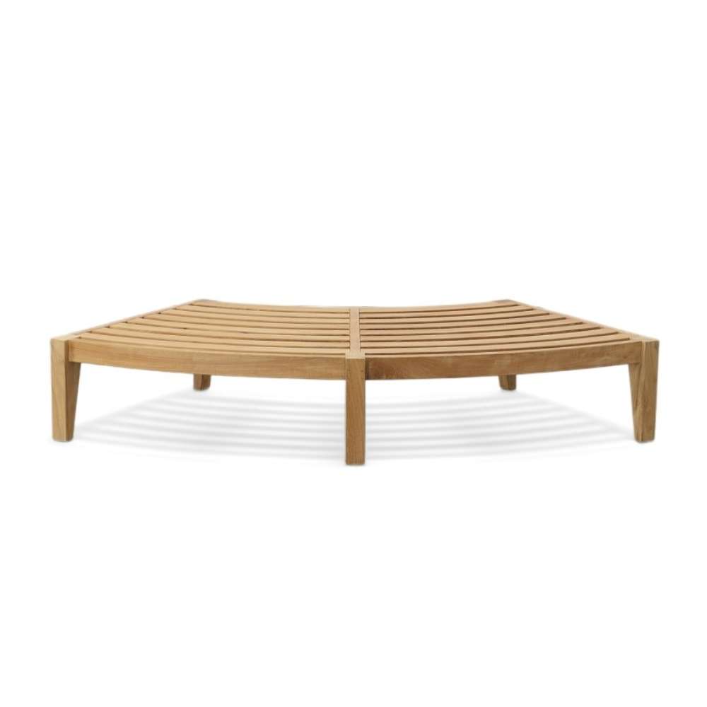 Westminster Teak Kafelonia Backless Sofa Sectional base shows a wide curved teak frame with evenly spaced slats for support