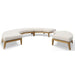 Westminster Teak Kafelonia Backless Sofa Sectional paired with a matching curved ottoman creates a flexible outdoor seating layo