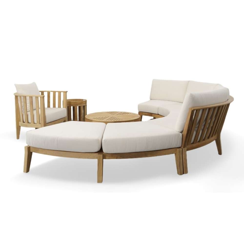 Westminster Teak Kafelonia Backless Sofa Sectional paired with matching chairs and table creates a cohesive outdoor lounge set