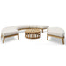 Westminster Teak Kafelonia Backless Sofa Sectional surrounds a round teak coffee table with soft cushions for a complete patio set