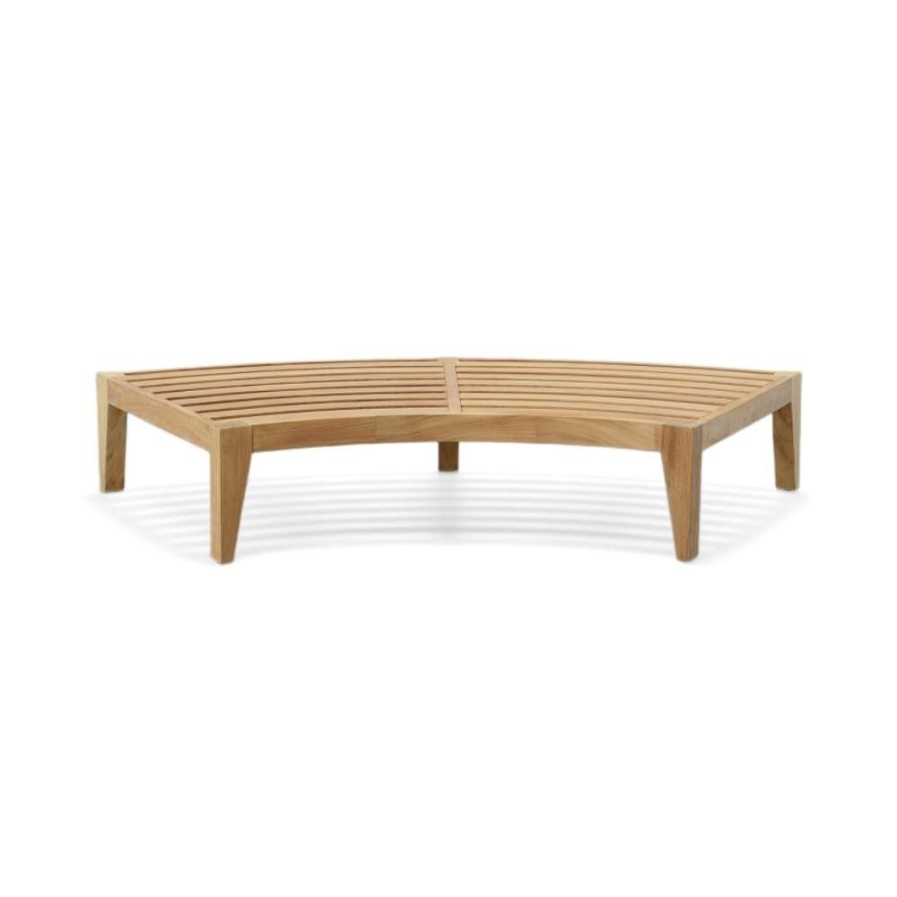 Westminster Teak Kafelonia Backless Sofa Sectional without cushions reveals slatted teak base and curved modern design