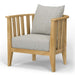 Westminster Teak Kafelonia Club Chair with a curved teak frame and soft light gray cushions in a clean front-side product view