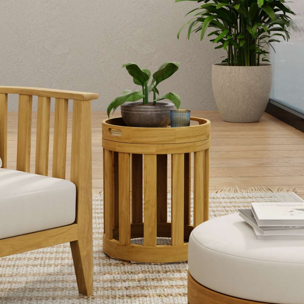 Westminster Teak Kafelonia Side Table used indoors as a teak accent table with a plant and candle