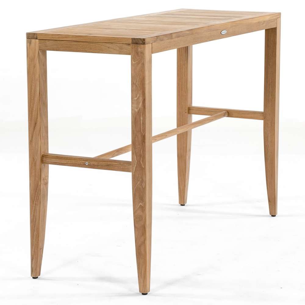 Westminster Teak Laguna 5pc Teak High Bar Set features a rectangular teak bar table with a slatted top and sturdy legs in an angled view