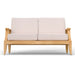 Westminster Teak Laguna Love Seat is shown from the front with a solid teak wood frame and two thick light-colored cushions