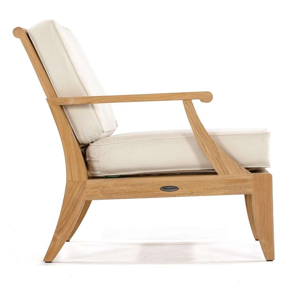 Westminster Teak Laguna Love Seat is viewed from the side, showing its slightly reclined backrest and supportive armrest structure