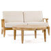 Westminster Teak Laguna Sofa is displayed with light cushions and a matching round teak coffee table in front, all set against a plain white background