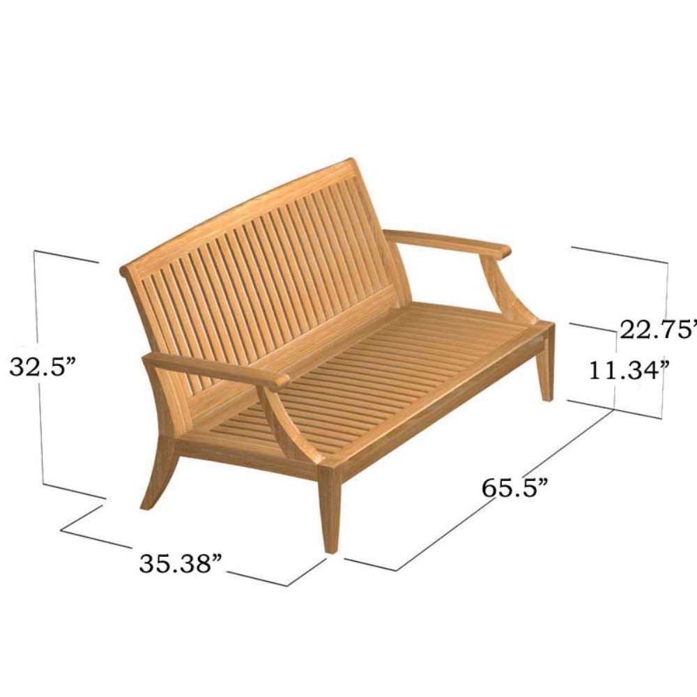 Westminster Teak Laguna Sofa is shown without cushions, highlighting its slatted teak frame and dimensions, including width, depth, and height for scale