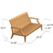 Westminster Teak Laguna Sofa is shown without cushions, highlighting its slatted teak frame and dimensions, including width, depth, and height for scale