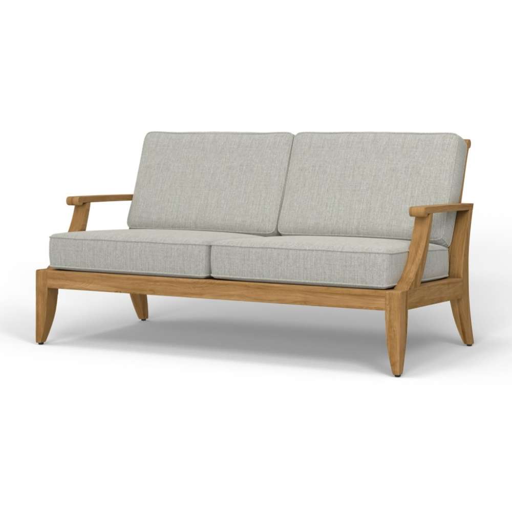 Westminster Teak Laguna Sofa with a natural wood frame and light gray cushions, designed with straight lines and supportive armrests