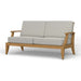 Westminster Teak Laguna Sofa with a natural wood frame and light gray cushions, designed with straight lines and supportive armrests