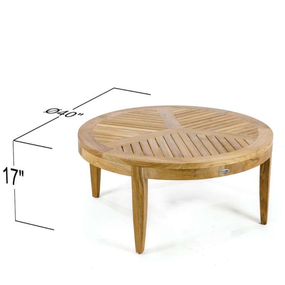 Westminster Teak Laguna Teak Coffee Table is pictured with dimensions labeled, showing a 40-inch diameter and 17-inch height