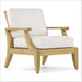 Westminster Teak Laguna Teak Lounge Chair is shown from the front at a slight angle on a white background with wide white cushions and smooth wooden arms