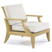 Westminster Teak Laguna Teak Lounge Chair on a white background at an angle with thick white seat and back cushions and a solid teak frame