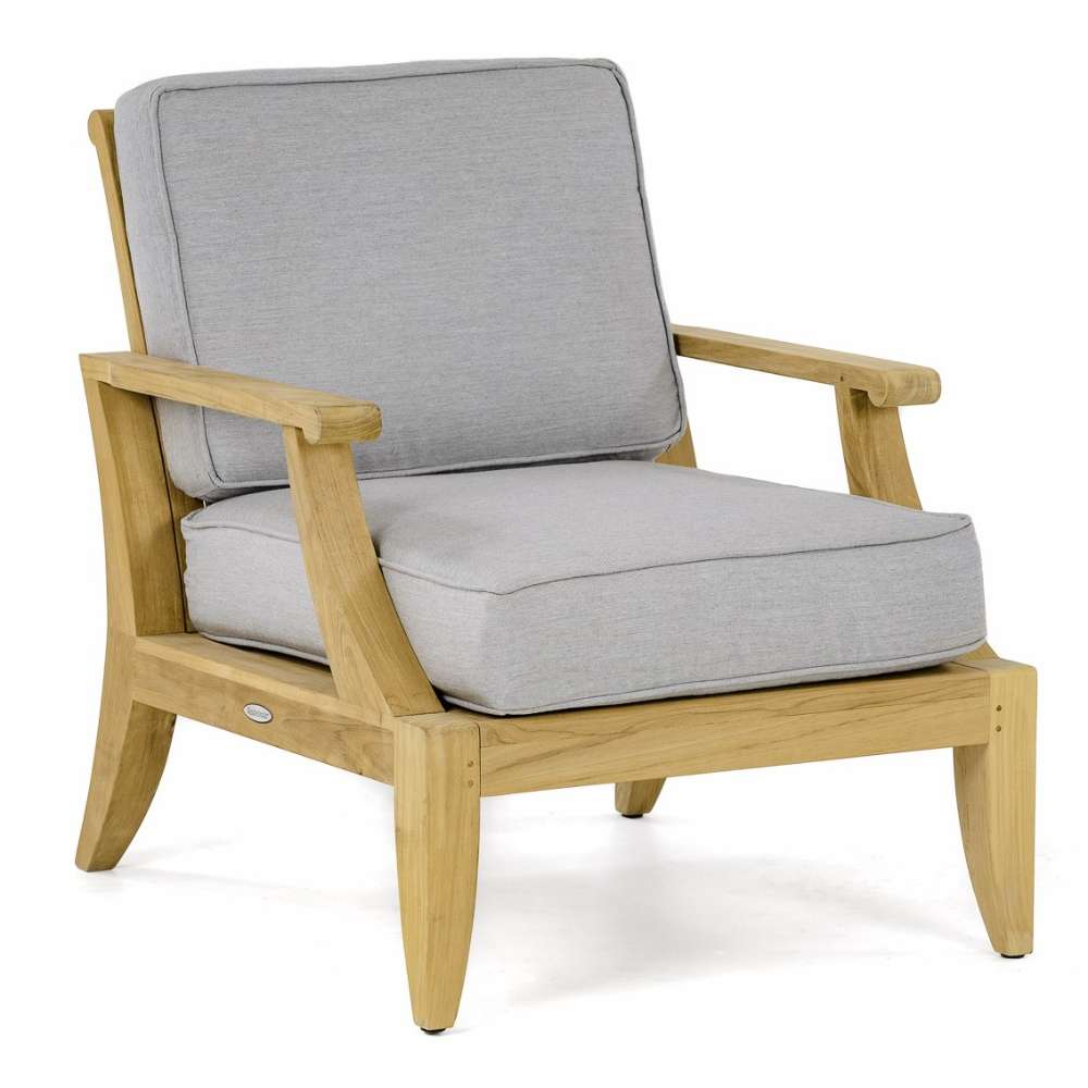 Westminster Teak Laguna Teak Lounge Chair on a white background with light gray cushions, a natural teak frame, and a wide, deep seat