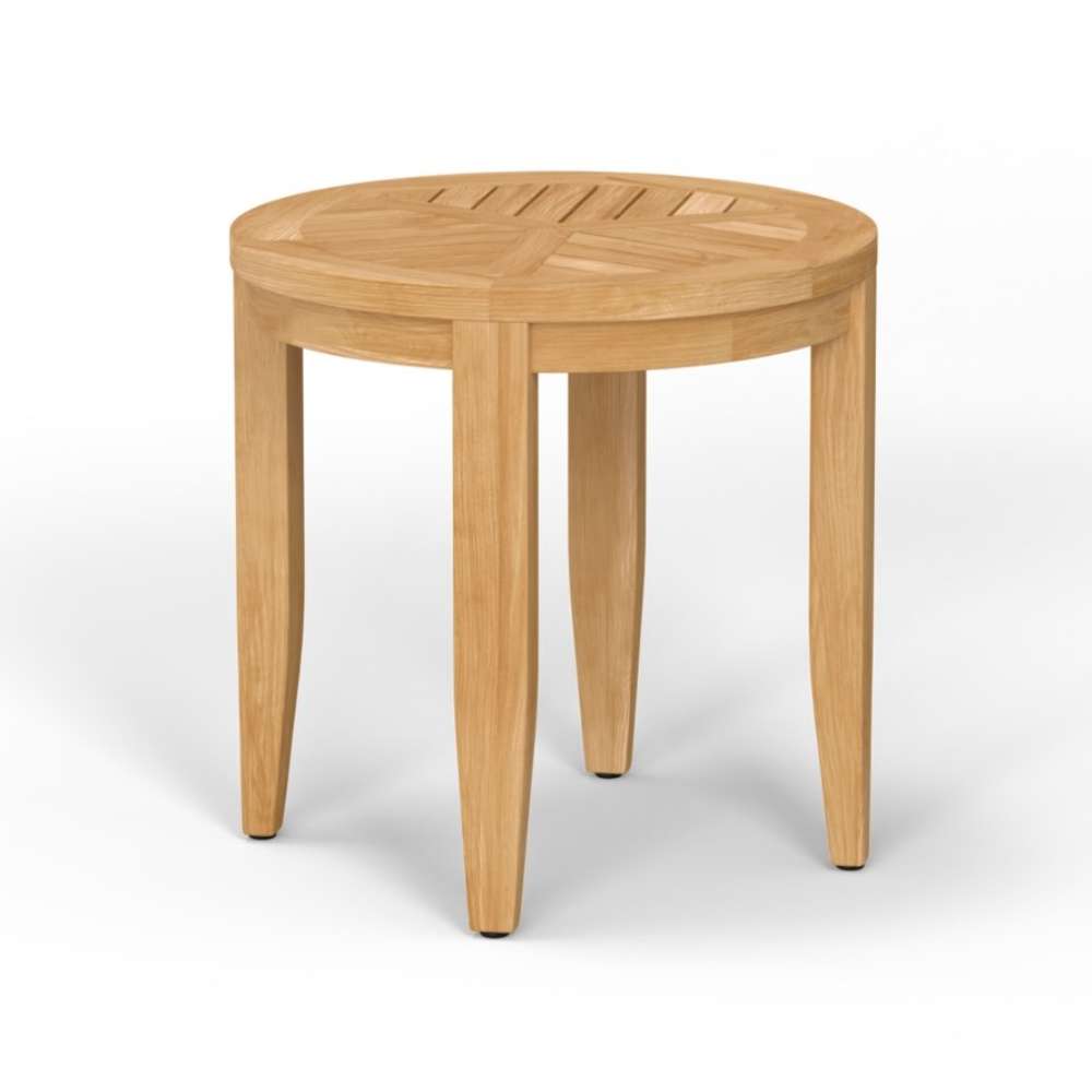 Westminster Teak Laguna Teak Side Table is a small round wooden table with a slatted top and four sturdy legs, shown on a plain background