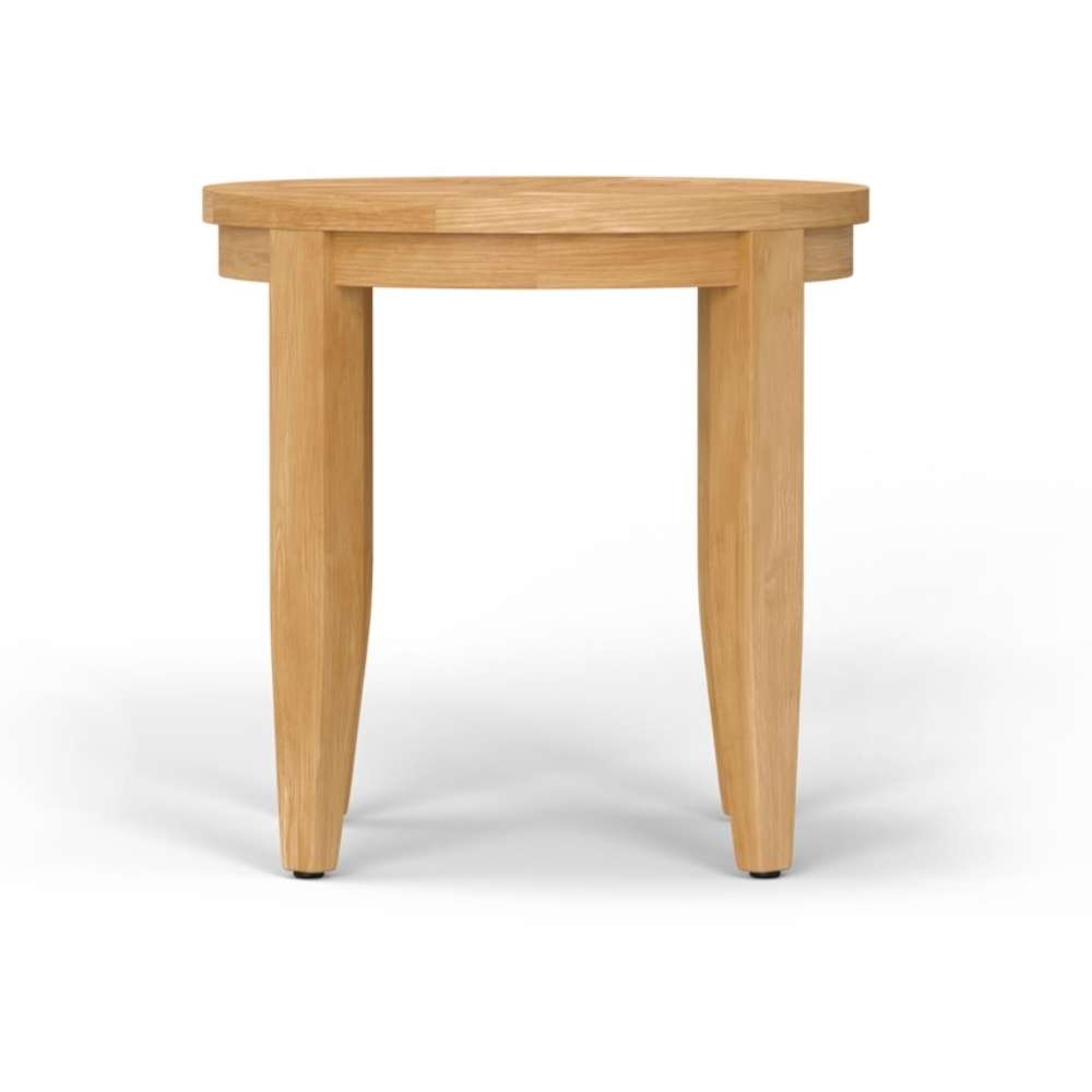 Westminster Teak Laguna Teak Side Table is shown from the side, emphasizing its thick tabletop and evenly spaced legs