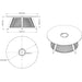Westminster Teak Luna Coffee Table shown in technical drawings with round top, tapered legs, and size details