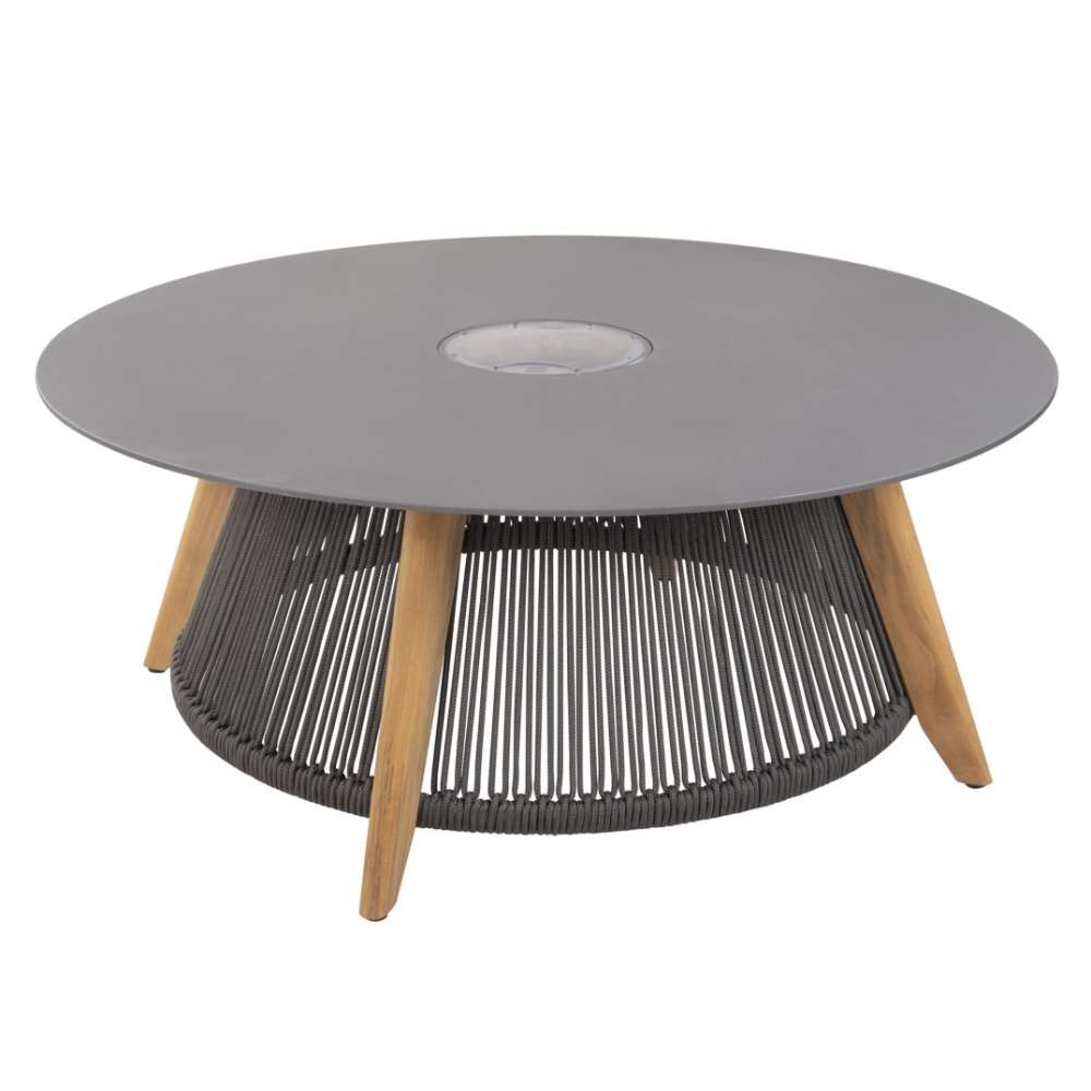 Westminster Teak Luna Coffee Table with a round top, teak legs, and a woven rope base