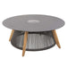 Westminster Teak Luna Coffee Table with a round top, teak legs, and a woven rope base