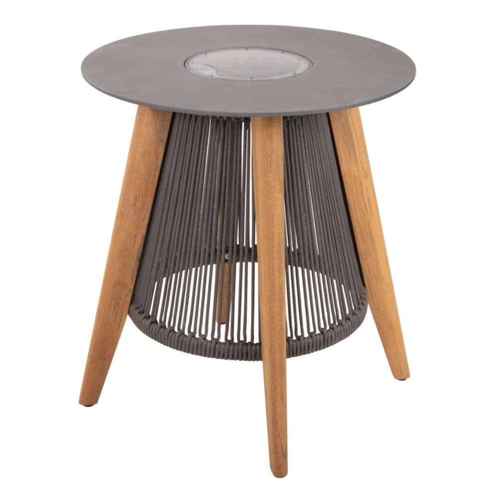 Westminster Teak Luna Round Side Table appears as a modern round table with a smooth gray top, warm wooden legs, and a decorative rope-style base beneath