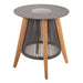 Westminster Teak Luna Round Side Table appears as a modern round table with a smooth gray top, warm wooden legs, and a decorative rope-style base beneath