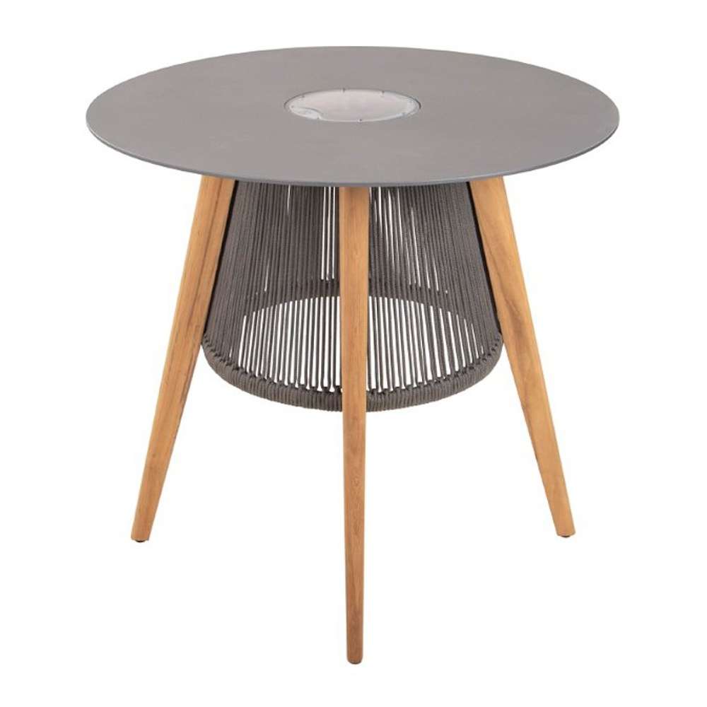 Westminster Teak Luna Small Table is a round table with a smooth circular top, angled wooden legs, and a central wire base