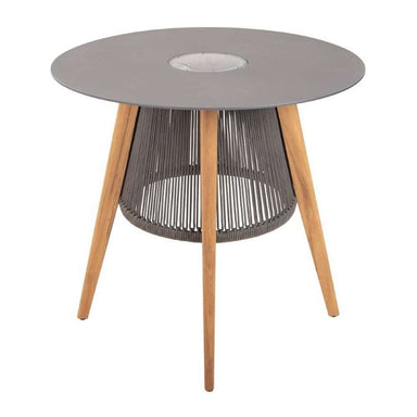 Westminster Teak Luna Small Table is a round table with a smooth circular top, angled wooden legs, and a central wire base
