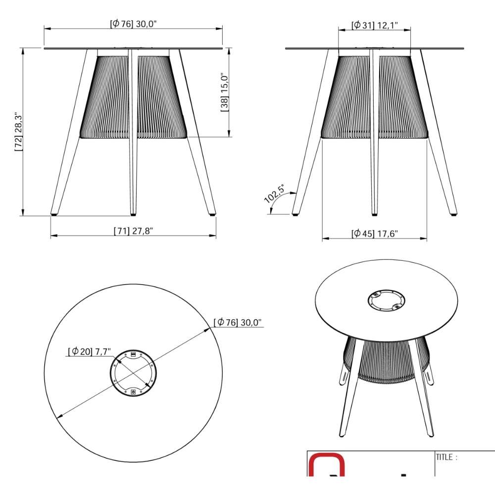 Westminster Teak Luna Small Table is shown in technical drawings with measurements, displaying its round top, angled legs, and detailed wire base from multiple views