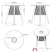Westminster Teak Luna Small Table is shown in technical drawings with measurements, displaying its round top, angled legs, and detailed wire base from multiple views