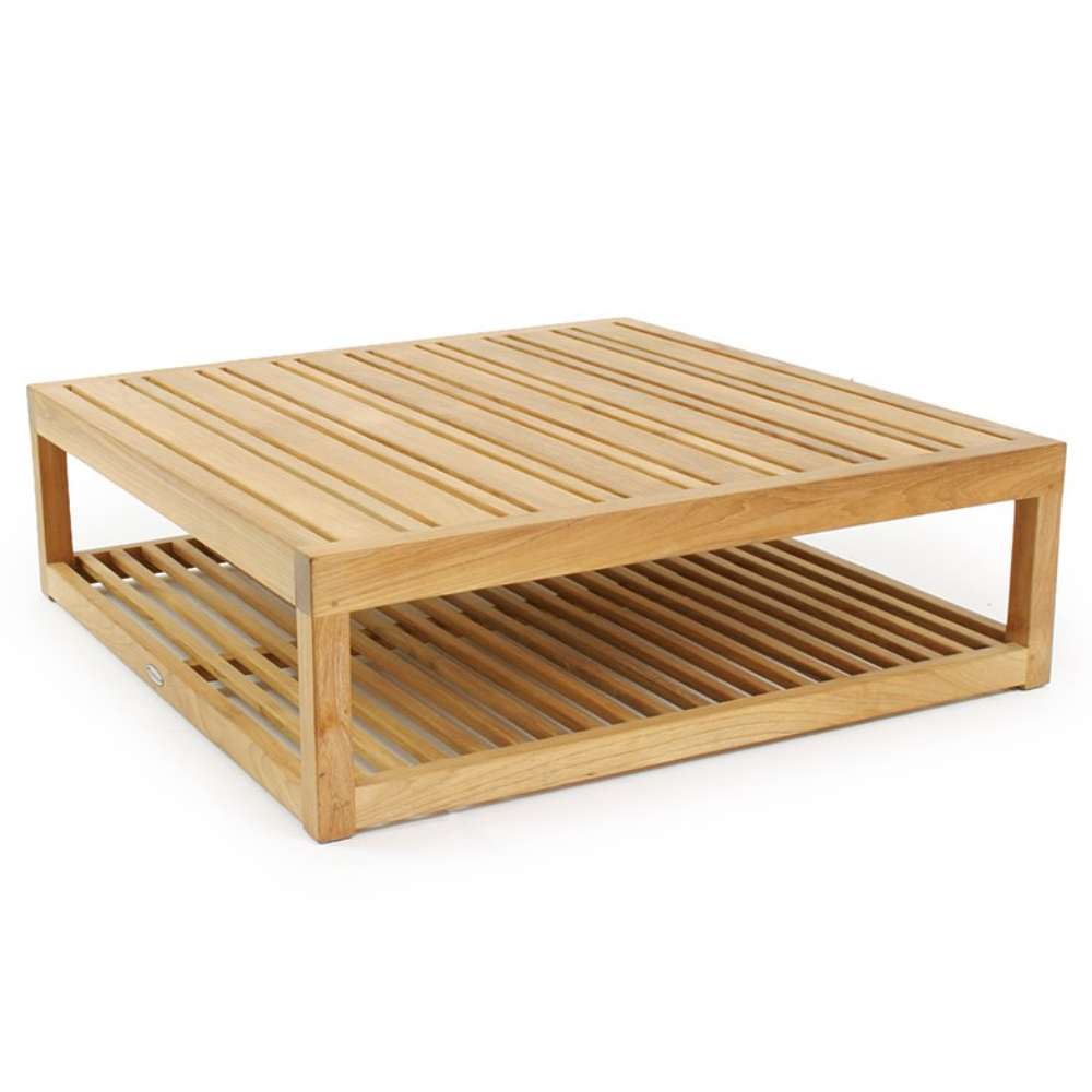 Westminster Teak Maya 6pc Lounge Sofa Set coffee table highlights its smooth teak finish and open lower storage shelf
