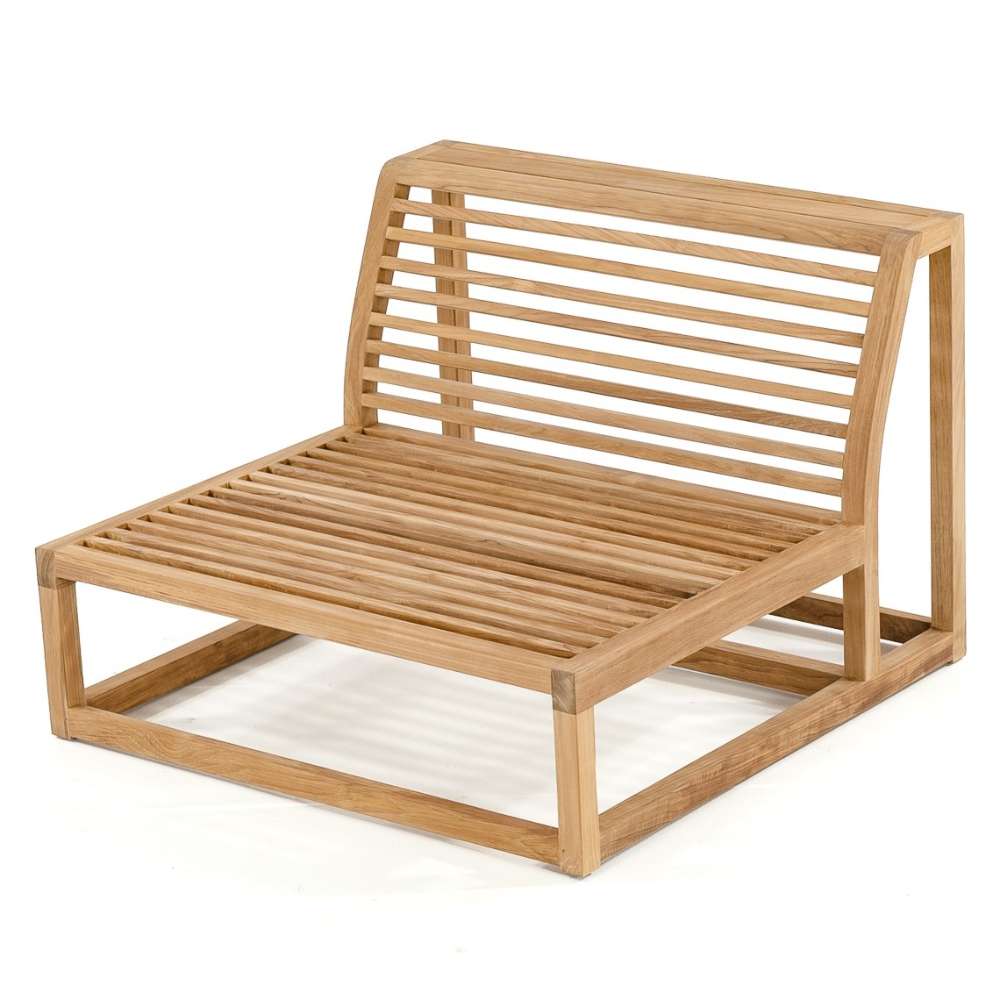 Westminster Teak Maya 6pc Lounge Sofa Set shown without cushions revealing a curved slatted wooden seat and backrest