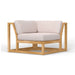 Westminster Teak Maya Corner Sectional features a clean teak wood frame with beige cushions, forming a compact corner seat with a modern, open-arm design