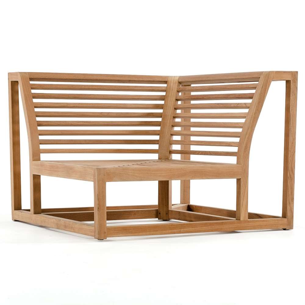 Westminster Teak Maya Corner Sectional frame is shown from the front, highlighting its angled teak structure with slatted backrests and open base design
