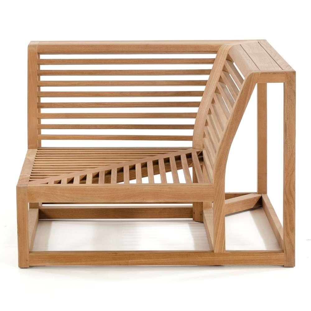 Westminster Teak Maya Corner Sectional frame is shown from the side, emphasizing the slatted seat, curved back support, and sturdy teak construction
