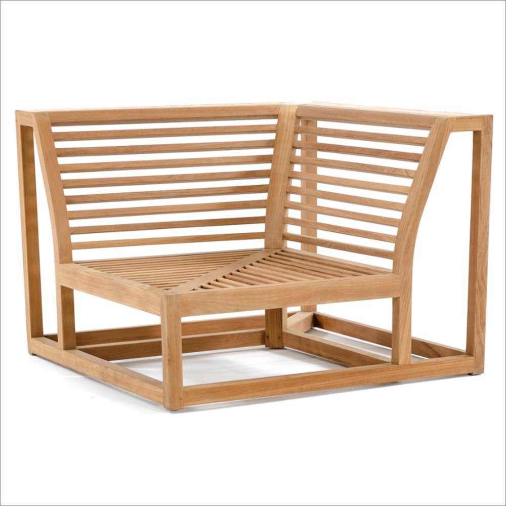 Westminster Teak Maya Corner Sectional frame is shown without cushions, revealing its solid teak construction, slatted seat, and angled back design
