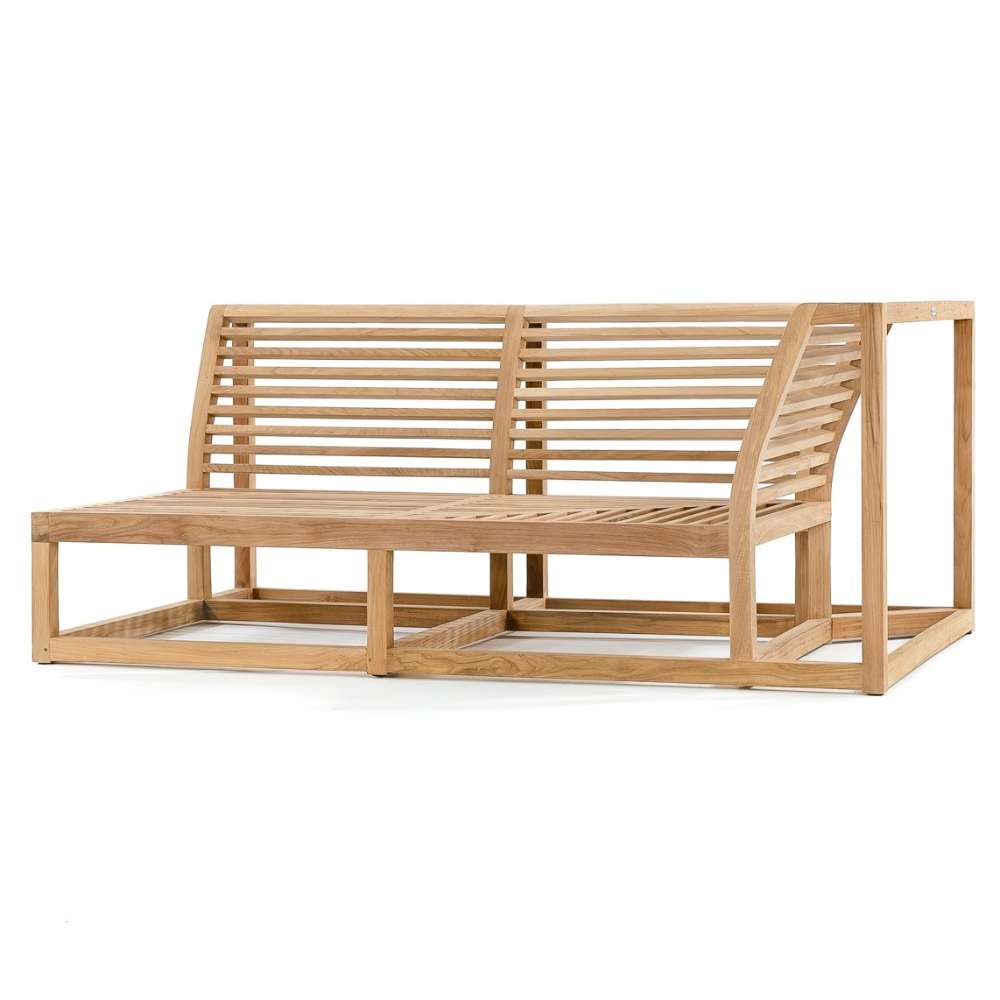 Westminster Teak Maya Left Side Sectional frame is shown without cushions, highlighting its sturdy teak wood structure and slatted back design