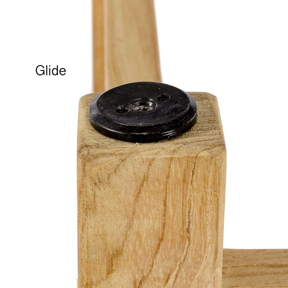 Westminster Teak Maya Right Side Sectional close-up of the teak leg base with a black glide foot for stability