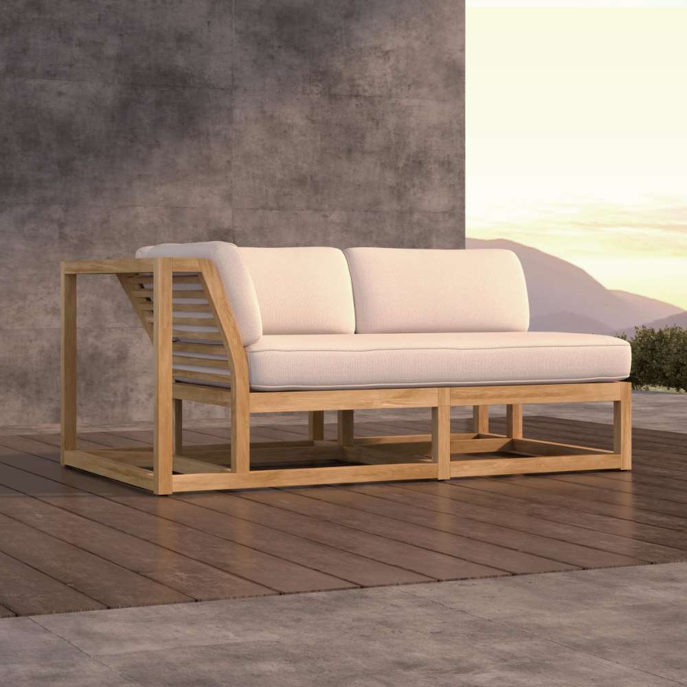 Westminster Teak Maya Right Side Sectional on a wood deck with soft cushions and a scenic outdoor backdrop
