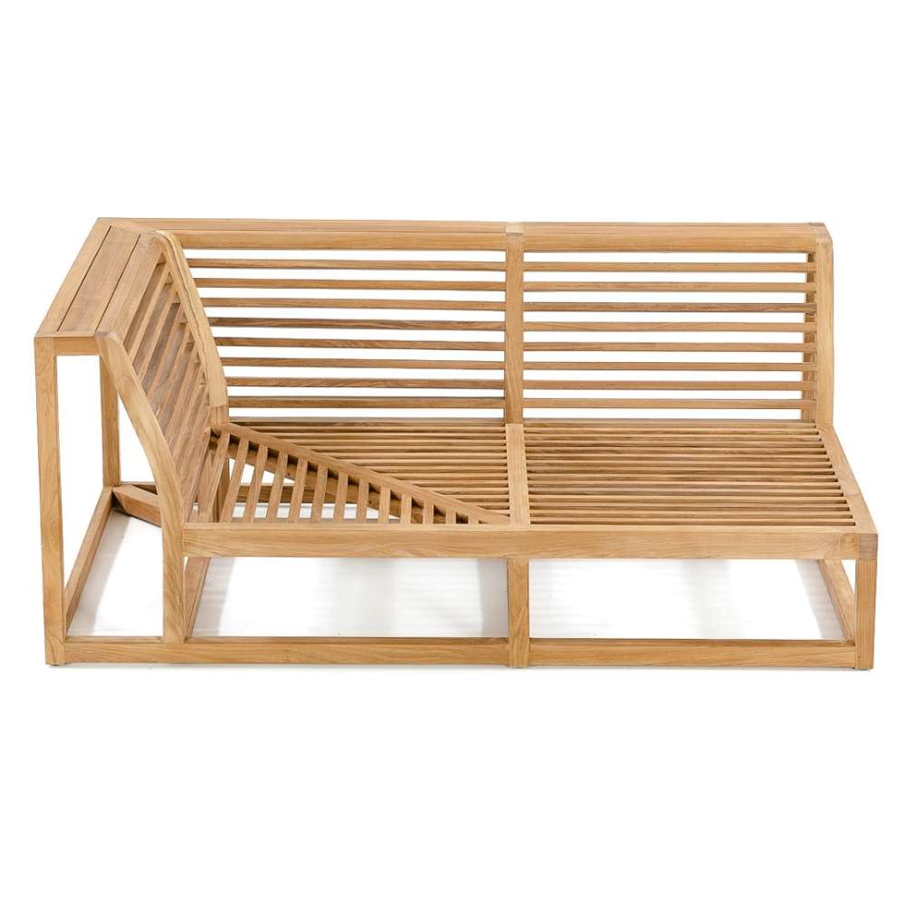 Westminster Teak Maya Right Side Sectional teak frame shown from a top angle highlighting the slatted seat and curved arm design