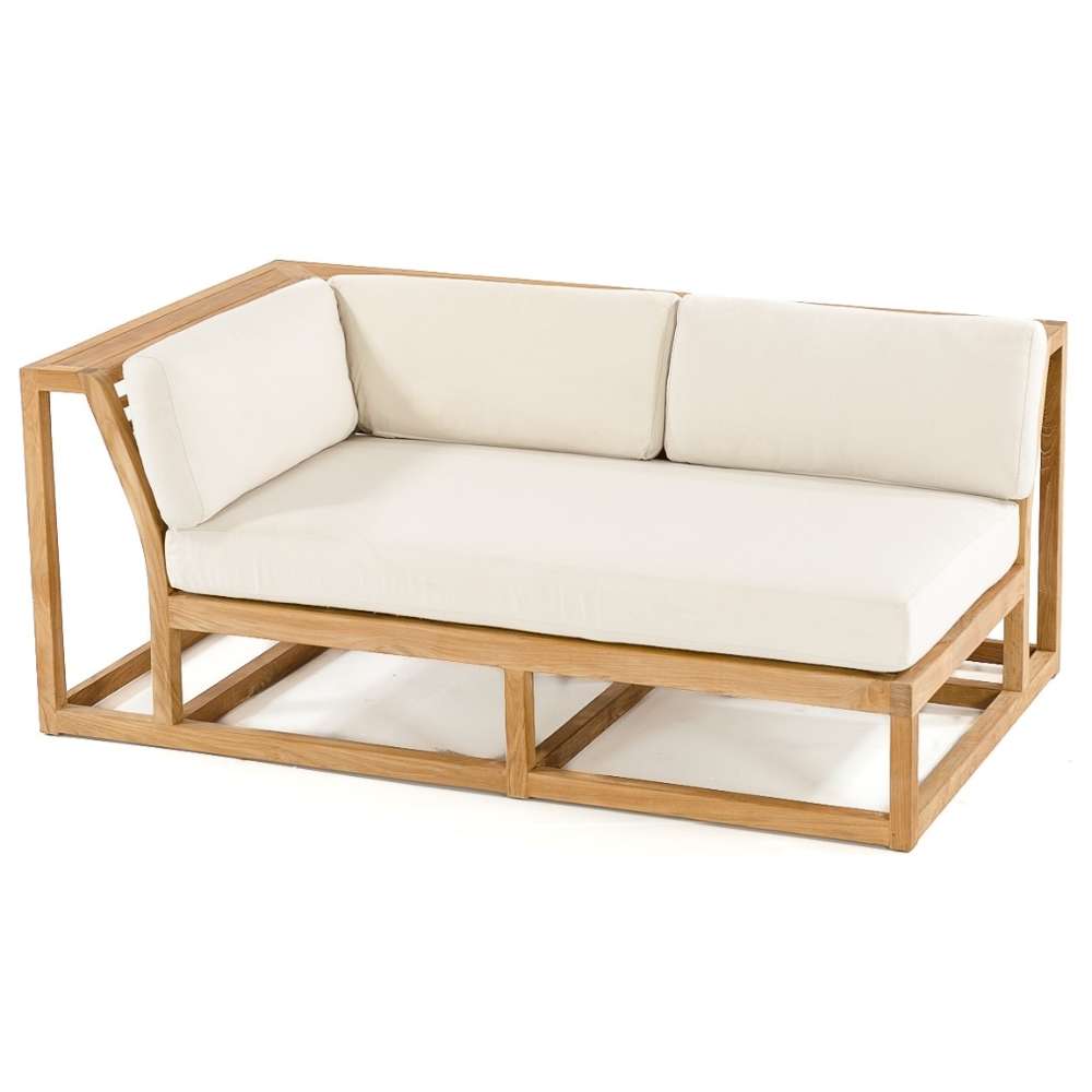 Westminster Teak Maya Right Side Sectional with cream cushions in an angled view showing full seating layout on a white background