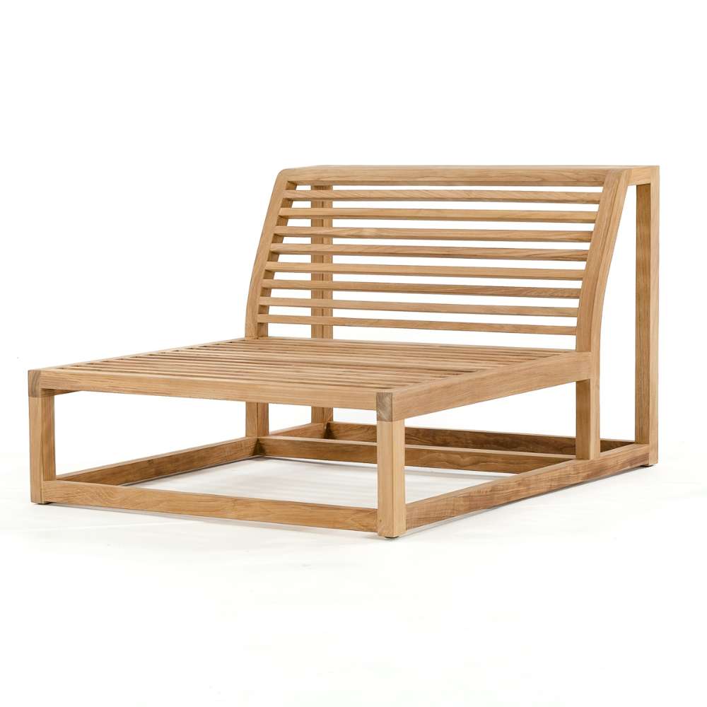 Westminster Teak Maya Slipper Chair frame is shown without cushions, highlighting its slatted teak wood seat and curved backrest on a plain background