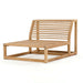 Westminster Teak Maya Slipper Chair frame is shown without cushions, highlighting its slatted teak wood seat and curved backrest on a plain background