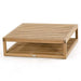 Westminster Teak Maya Teak Coffee Table is displayed at an angle, showing its clean lines, open lower shelf, and smooth natural wood finish