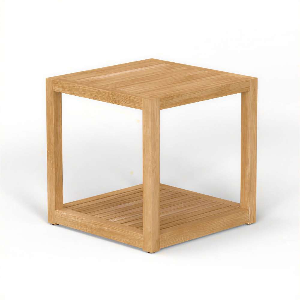 Westminster Teak Maya Teak Side Table is a square teak side table with a solid top, open sides, and a lower slatted shelf, shown at an angle on a plain light background