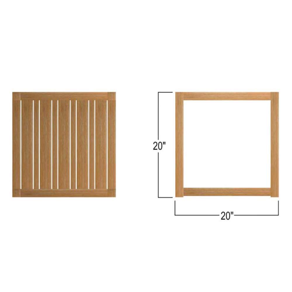 Westminster Teak Maya Teak Side Table is shown in a simple size diagram with a top view and side view, labeled as 20 inches wide and 20 inches high