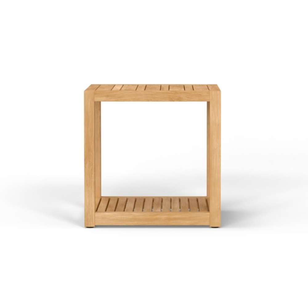 Westminster Teak Maya Teak Side Table is shown straight from the front, making its square shape, open frame, and lower slatted shelf easy to see