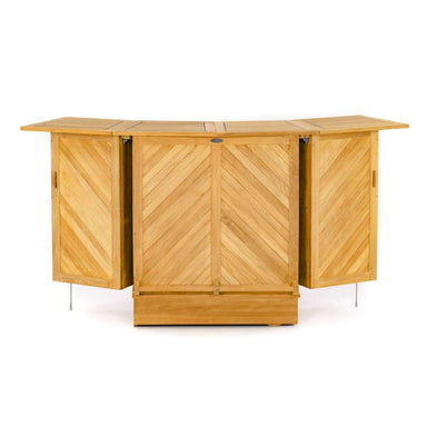 Westminster Teak Somerset Teak Bar curved teak outdoor bar with fold-out panels and a slatted countertop for compact storage and easy use
