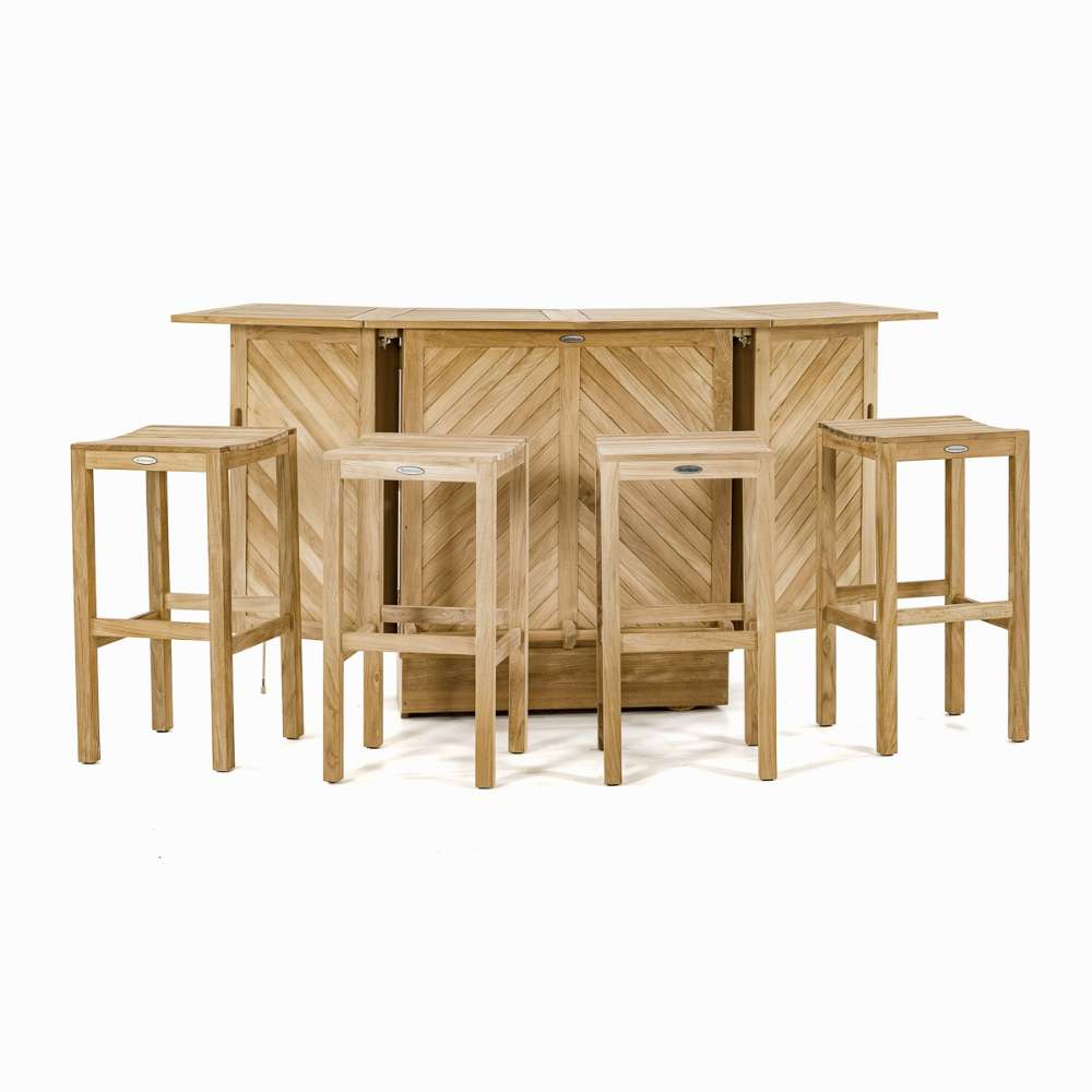 Westminster Teak Somerset Teak Bar fully opened with four matching teak stools, creating a complete outdoor bar seating set