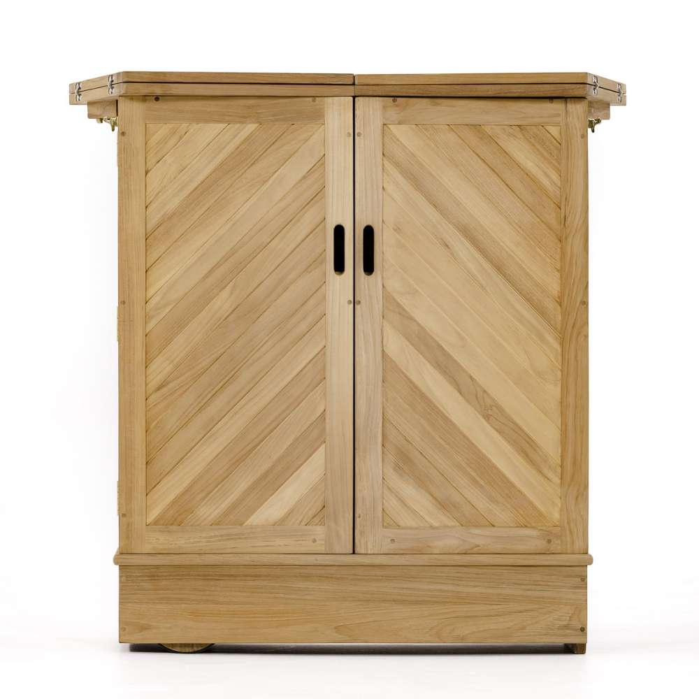 Westminster Teak Somerset Teak Bar rear closed view featuring double cabinet doors with sleek handles and solid teak construction